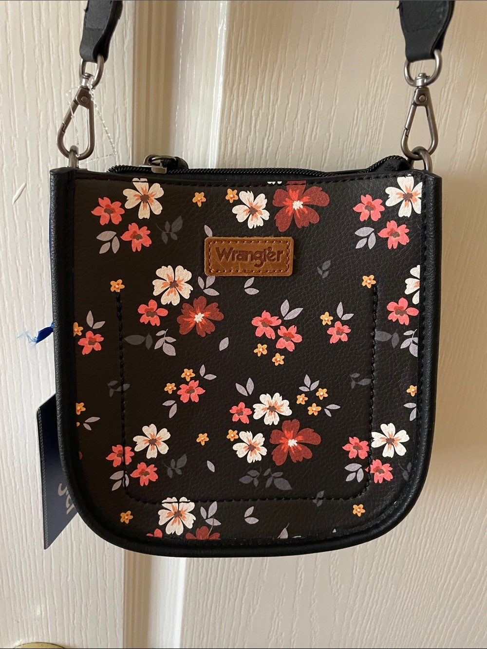 Wrangler Black Floral Crossbody Purse with Pink & Red Flowers